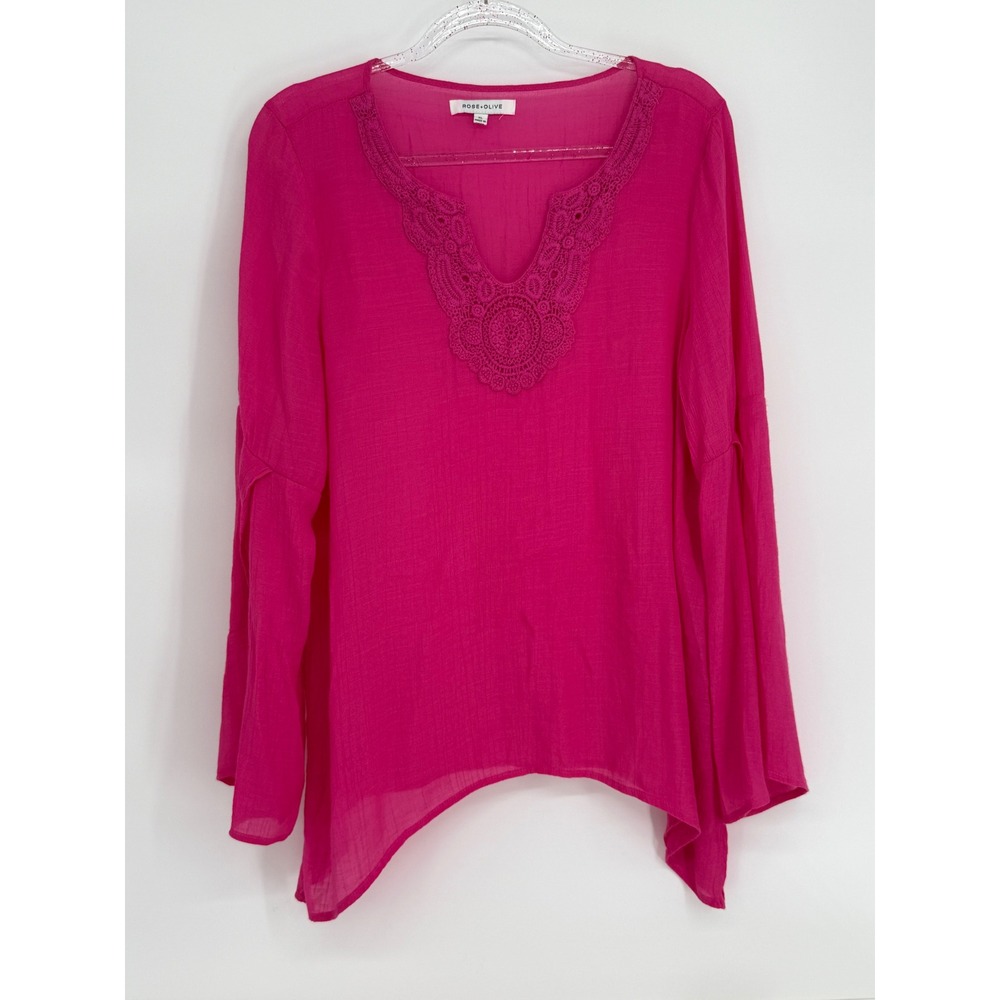 Rose + Olive Womens Fuchsia Pink Crochet Lace V-Neck Bell Sleeve Blouse Sz‎ XL